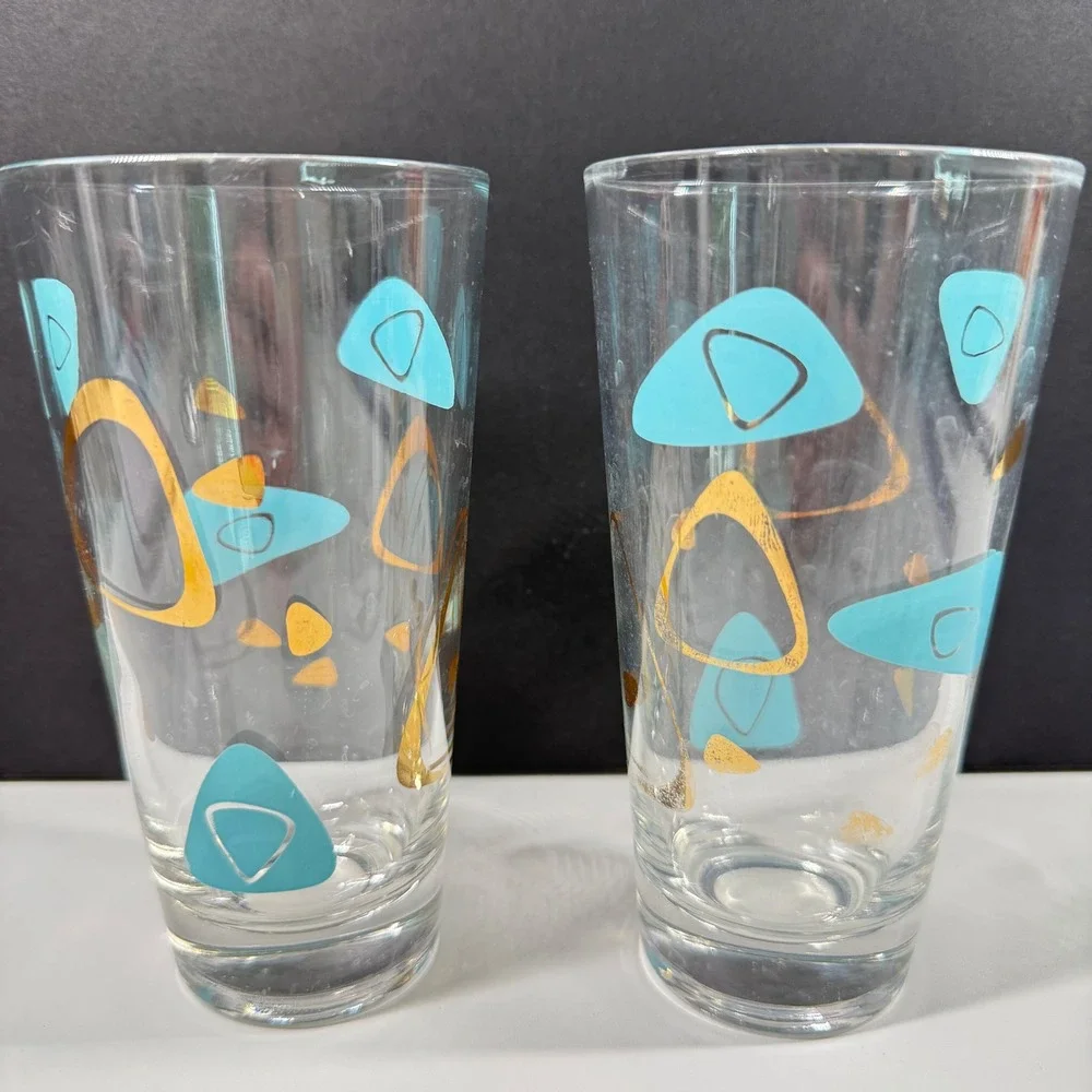 Vintage Mid Century Modern Atomic Boomerang Highball Glasses Teal Gold Set of 2